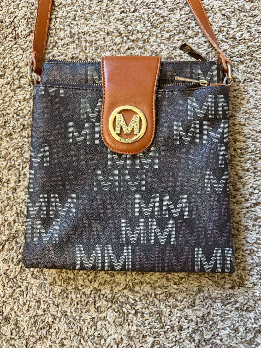 Michael Kors inspired Brown and Tan Logo Messenger Bag with Gold Accent